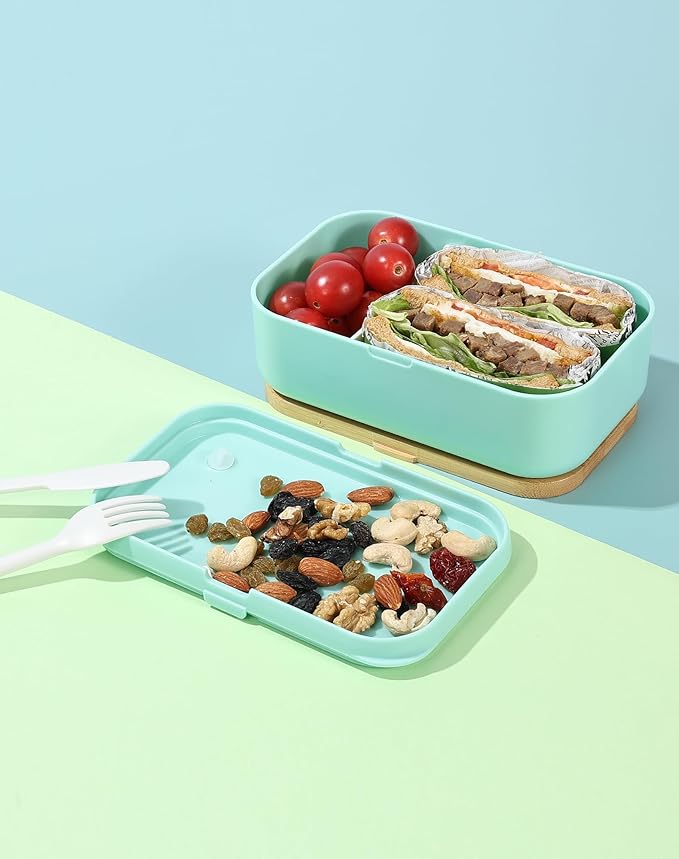 Bento Box for Adult Lunch Containers with Utensils for Men/Women Green - Natural Bamboo Lid, Chopsticks, Microwave Safe, Dishwasher Safe, Bpa Free, Gifts for Women, Cute, Small
