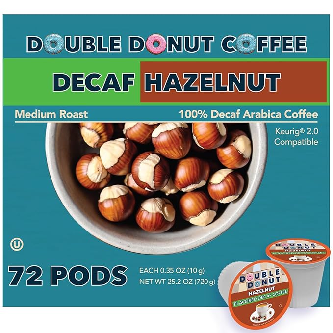 Double Donut Coffee Decaf Hazelnut Flavored Coffee, Medium Roast Coffee, Compatible with Keurig K Cups Brewers, 72 Count (Pack of 1)