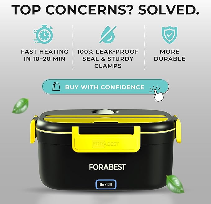 FORABEST Heated Lunch Box, 80W Electric Lunch Box for Adults, Portable Food Warmer with 1.5L Stainless Steel Container, Utensils & Carry Bag, On/Off Switch, 12V/24V Car/Truck & 110/120V Home/Office