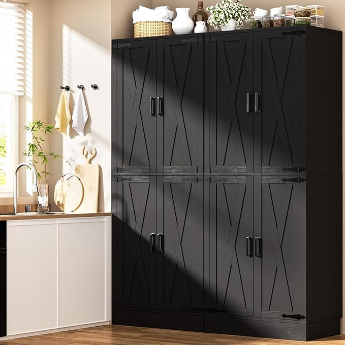 Unikito Kitchen Pantry Cabinet with Farmhouse Barn Doors and Storage Drawer, 4 Adjustable Shelves, Freestanding Tall 71" Cupboard for Kitchen, Dining Room, Living Room, Utility Room, Black