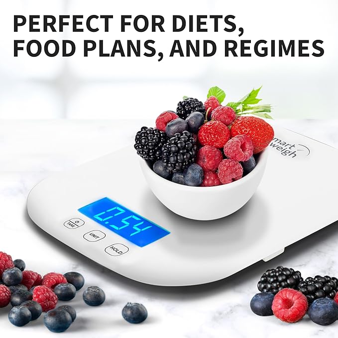 Smart Weigh White Digital Kitchen Scale for Cooking, Weight Loss, Calorie Tracking, Baking, Food Portion Control, and Meal Prep - Accurate Measurements in Grams and Ounces
