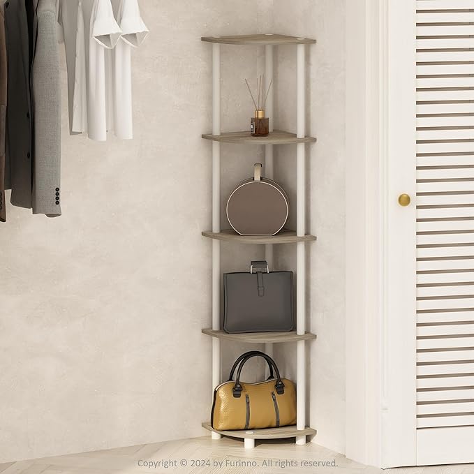 Furinno Turn-N-Tube Corner Shelf, 5-Tier Corner Display Rack, Shelving Unit, for Organization and Storage, Living Room, Home Office, Garage, Bedroom, Sonoma Oak