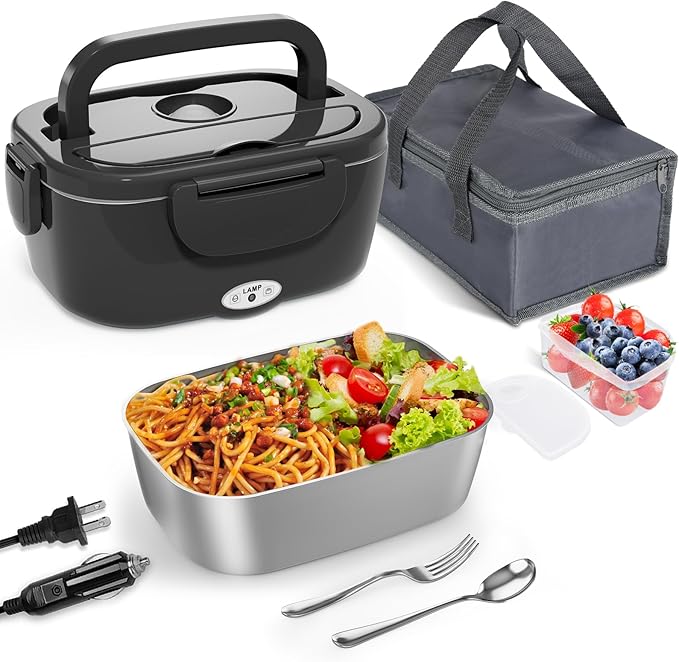 Monteka Electric Lunch Box Food Heater - Leakproof Portable Food Warmer heated lunch box for adults for Car/Home/Truck with 1.5L Removable Stainless Steel Container, White Elephant Gift, 12V/24V/110V