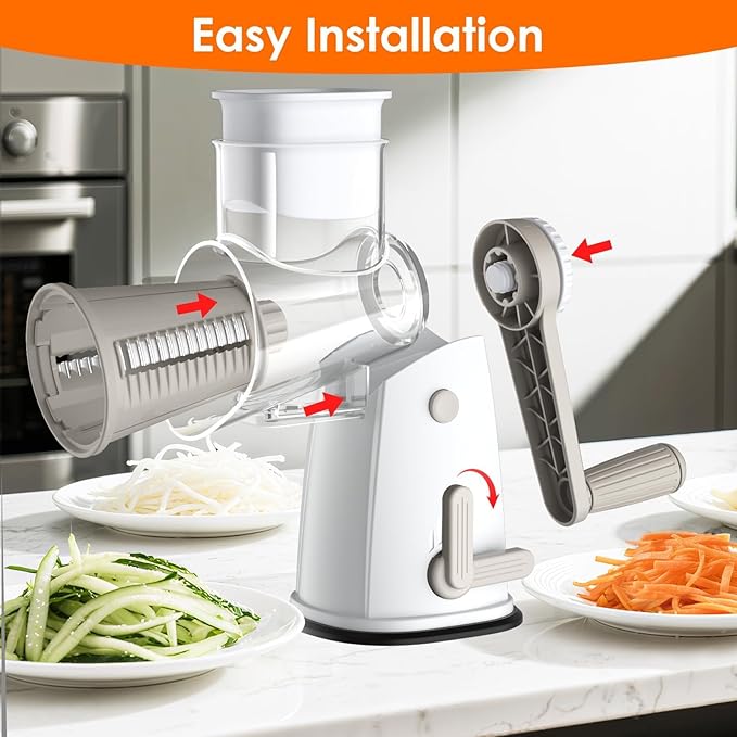 5 Blade Rotary Cheese Grater and Vegetable Chopper with Storage Box and Hand Crank, Compact Shredder for Cheeses, Veggies, Nuts - Easy to Use, Non-slip Suction Base,White