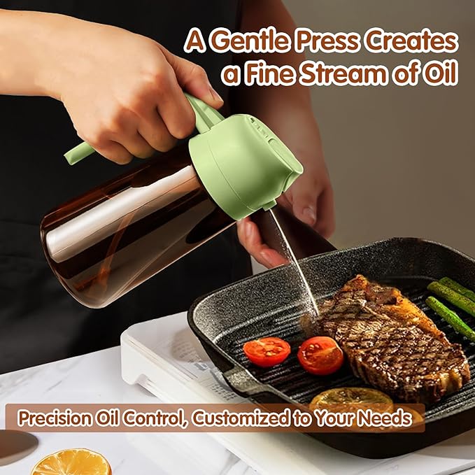 YARRAMATE 16oz/470ml Light Blocking Oil Sprayer for Cooking with Stickers, Food-Grade 2 in 1 Olive Oil Dispenser Bottle for Kitchen, Premium Dark Amber Glass Oil Bottle for Air Fryer, BBQ(Green)