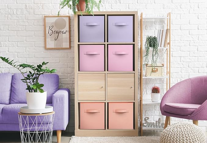 Sorbus Storage Cubes - 11" Foldable Storage Bins with Handle for Nursery, Playroom, Closet Organizers and Storage - 6 Fabric Shelf Basket for Toys, Books, Clothes - Orange Purple & Pink Storage Cubes
