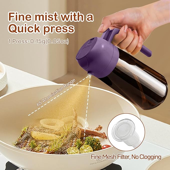 YARRAMATE 16oz/470ml Dark Brown Oil Sprayer for Cooking with Stickers, Food-grade Premium 2 in 1 Olive Oil Dispenser Bottle for Kitchen Gadgets, Air Fryer, Salad, Frying, BBQ (Purple)