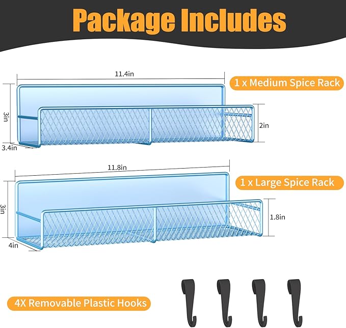 Magnetic Spice Rack for Refrigerator, 2 Pack 100% Metal Strong Magnet Shelf, Space Saving Spice Organizer W/ Hooks, Movable Magnetic Fridge Shelf, Kitchen Home Laundry Room Storage Organization, Blue