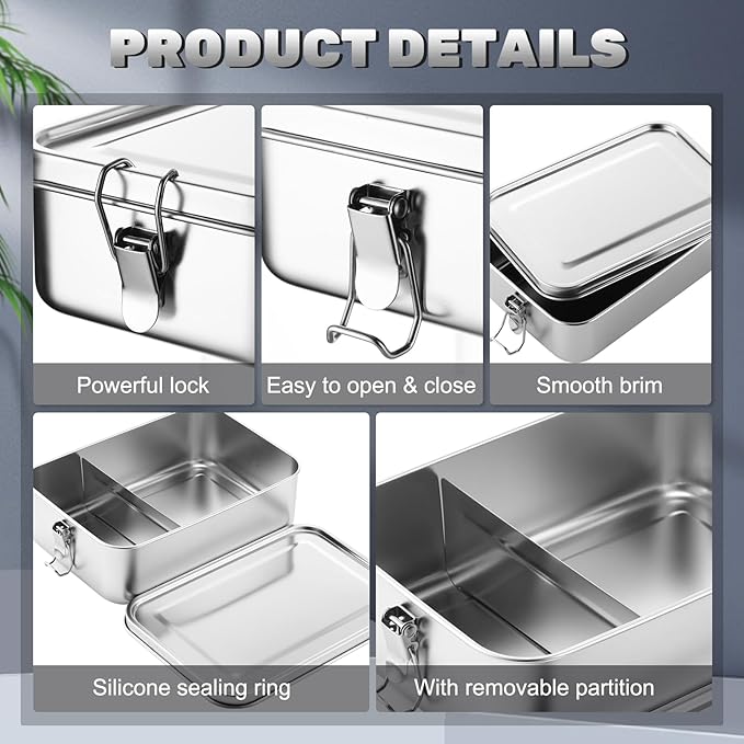 Umigy 1 Pcs Stainless Steel Food Containers 2400ml Metal Bento Lunch Box Stainless Steel Food Storage Containers, Lockable Clips to Leak Proof, Reusable Dishwasher Snack Boxes for Work