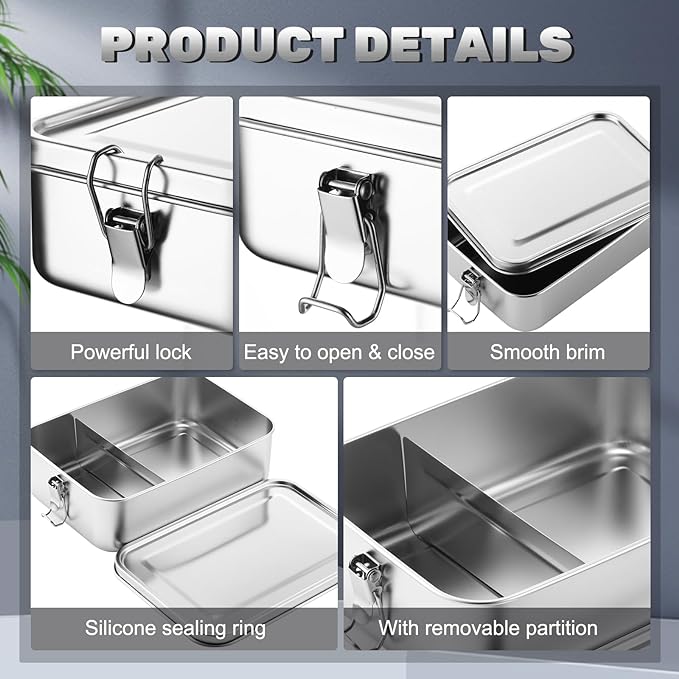 Umigy 1 Pcs Stainless Steel Food Containers 1400ml Metal Bento Lunch Box Stainless Steel Food Storage Containers, Lockable Clips to Leak Proof, Reusable Dishwasher Snack Boxes for Work