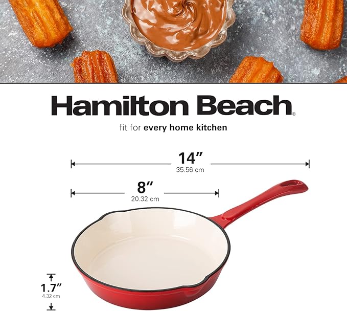 Hamilton Beach Enameled Cast Iron Fry Pan 8-Inch Red, Cream Enamel coating, Skillet Pan For Stove top and Oven, Even Heat Distribution, Safe Up to 400 Degrees, Durable