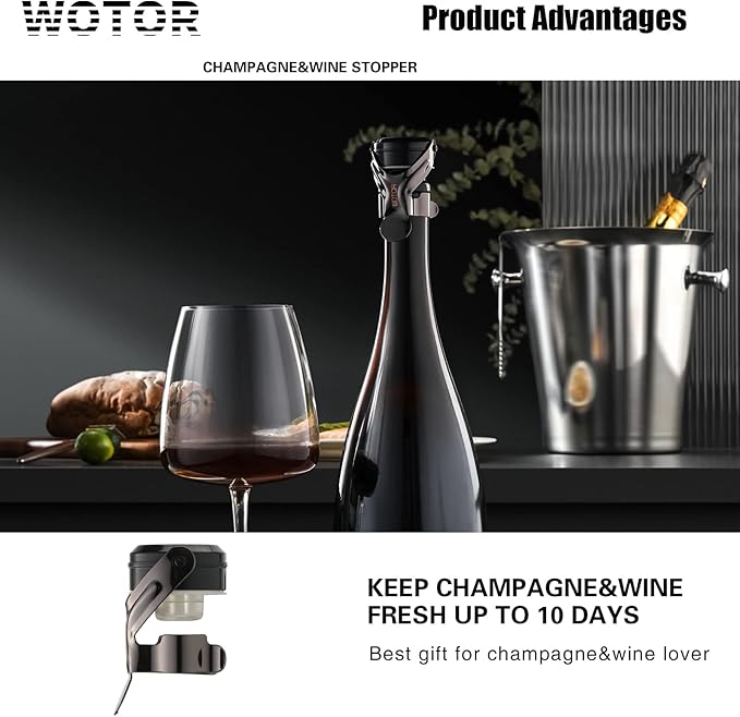 WOTOR Champagne&Wine Bottle Stoppers Stainless Steel with Food Grade Silicone, Leak Proof Keep Fresh Reusable Saver, Cork Suitable for Wine, Champagne, Cava, Prosecco and Sparkling (4 Pack Black）