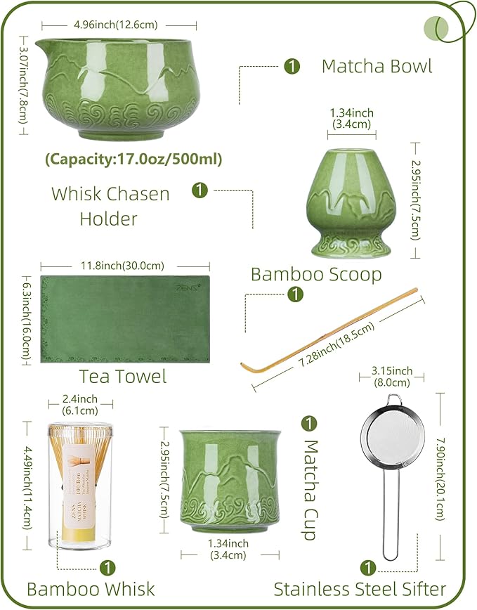 ZENS Matcha Whisk Set, 17oz Ceramic Matcha Set Includes Matcha Bowl and Matcha Cup, Bamboo Whisk & Chasen Holder, Sifter, Scoop & Tea Towel, 7pcs Matcha Kit for Matcha Latte, Emerald Green