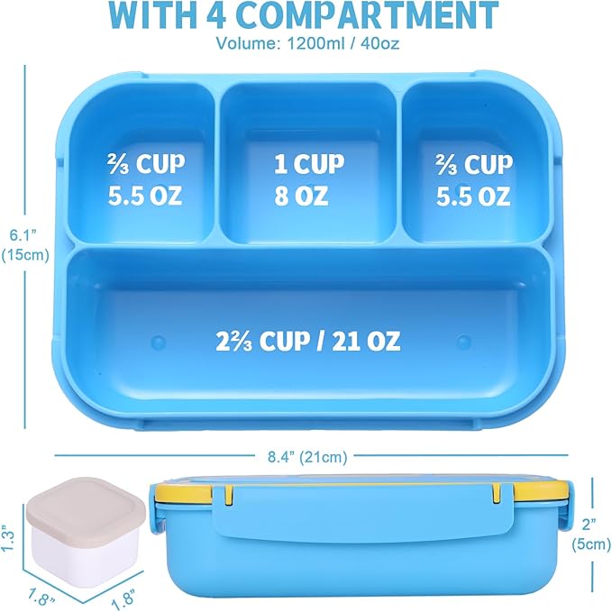 Bento Box for Kids Girls Boys, Bento Box Adult Lunch Box with 4 Compartments, Lunch Containers with Utensils, Sauce Jar, Muffin Liners for School, 40 Oz/5 Cup, Blue