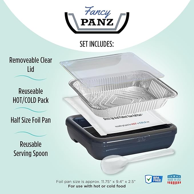 Fancy Panz - Denim Blue Premium Aluminum Foil Pan Carrier with Lid & Hot/Cold Pack - Elevated Food Serving Tray - Portable Casserole Carrier with Lid - Made in the USA Hosting Essentials