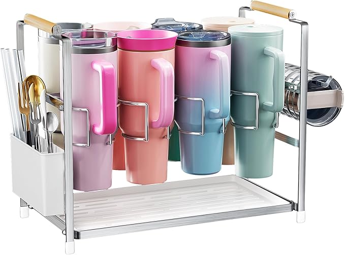 Housolution Water Bottle Organizer Drying Rack for 40 oz Tumbler with Handle, Multifunctional Cup Storage Holder Compatible with Stanley, Owala, Simple Modern and Other Brands, Silver(Patented)