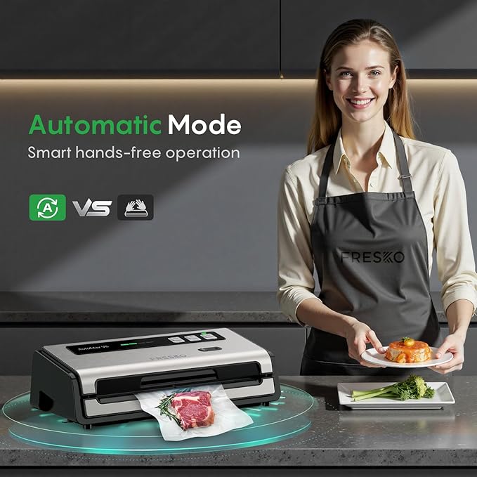 FRESKO Food Vacuum Sealer with Automatic Bag Detection, Double Heat Seal, Built-in Bag Roll Storage & Cutter, 2 Rolls Bags, Starter Kit