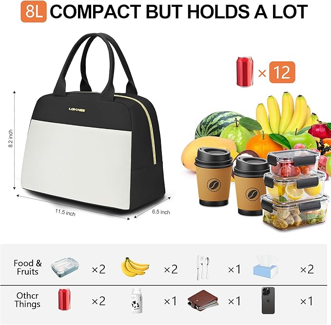 LOKASS Lunch Bag for Women-Insulated Adults Lunch Box with Front Pocket- Small Cute Lunch Tote for Work-Reusable Cooler Bag for Office Picnic Beach or Travel（Black）