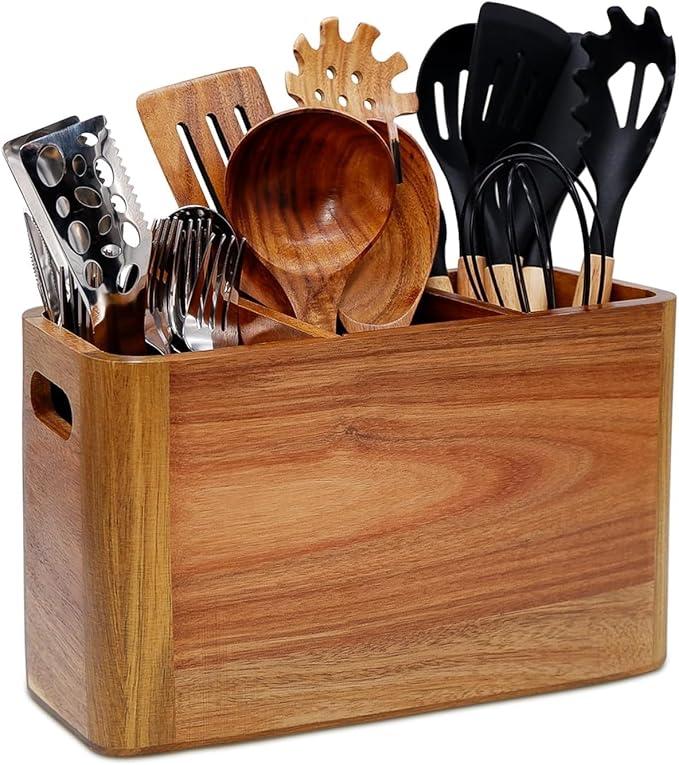 Wooden Kitchen Utensil Holder Organizer for Counter or Countertop, Large Wooden Utensil Holder for Storage Cooking and Silverware with 3 Compartment, Acacia Rustic Wood Container Extra Large