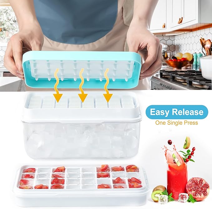 Silicone Ice Cube Tray for Freezer 64 Nuggets Ice Tray with Lid and Storage Bin Stackable Easy Release Ice Container with Scoop for Cocktail Whisky Coffee