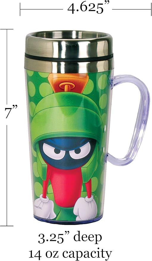 Spoontiques - Insulated Travel Mug - Marvin The Martian Coffee Cup - Coffee Lovers Gift - Funny Coffee Mug - 14 oz - Green