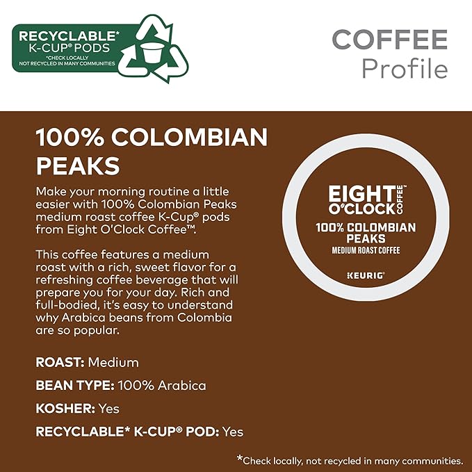 Eight O'Clock Coffee Colombian Peaks Single-Serve Keurig K-Cup Pods, Medium Roast Coffee Pods, 96 Count