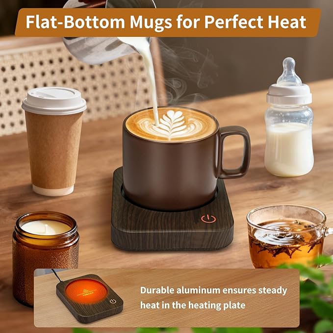 VOBAGA Coffee Mug Warmer for Desk with Auto Shut Off & 3-Temp Settings, Coffee Cup Warmer with Smart Safety Alert Home Office Accessory, Perfect for Coffee, Tea, Milk (Wood)