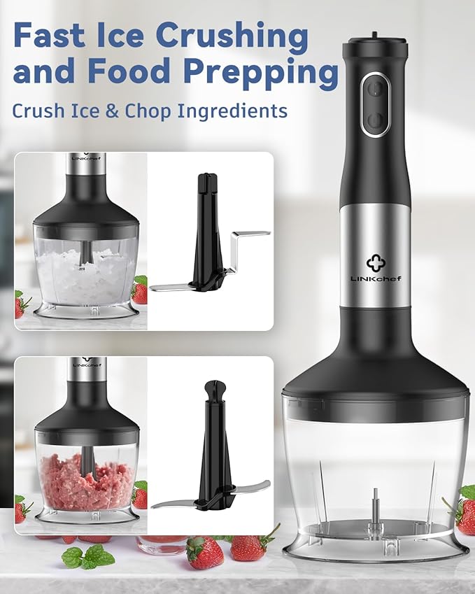 LINKChef 7 in 1 Immersion Blender Scratch Resistant, 2 Titanium Steel Blades 800W Hand Blender, 20 Speed and Turbo Mode Stick Blender Immersion with Whisk, Milk Frother, Food Processor, Beaker