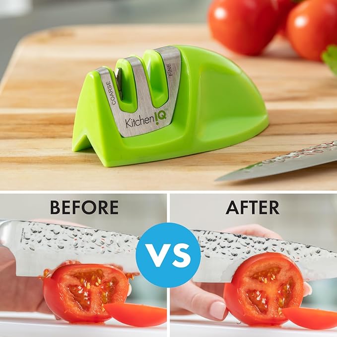 KitchenIQ 51422 | Edge Grip 2-Stage Knife Sharpener | Green – 3 Pack | Coarse & Fine Sharpener | Compact for Easy Storage | Stable Non-Slip Base | Soft Grip Rubber Handle | Straight & Serrated Knives