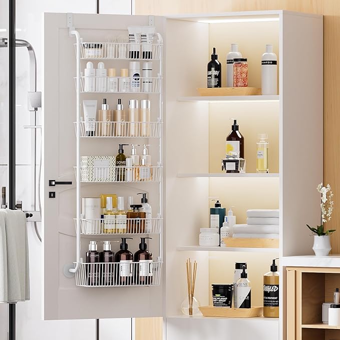 Delamu Large Over the Door Pantry Organizer, 6-Tier Metal Pantry Door Organization and Storage for Easy Install, Hanging Spice Rack Seasoning Shelves for Cabinet & Kitchen, D6.7xW17.5xH53.7 in, White