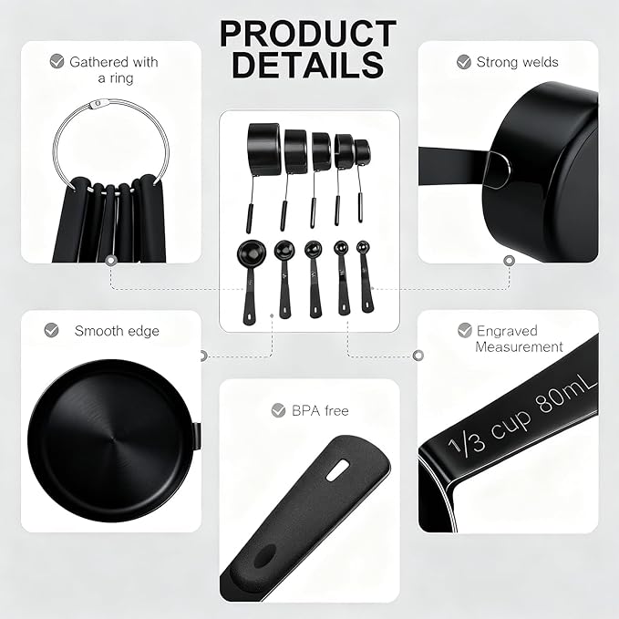 Measuring Cups and Spoons Set, Titanium-Plated Matte Black Stainless Steel 10 Piece for Cooking and Baking (5 Cups + 5 Spoons All Black)