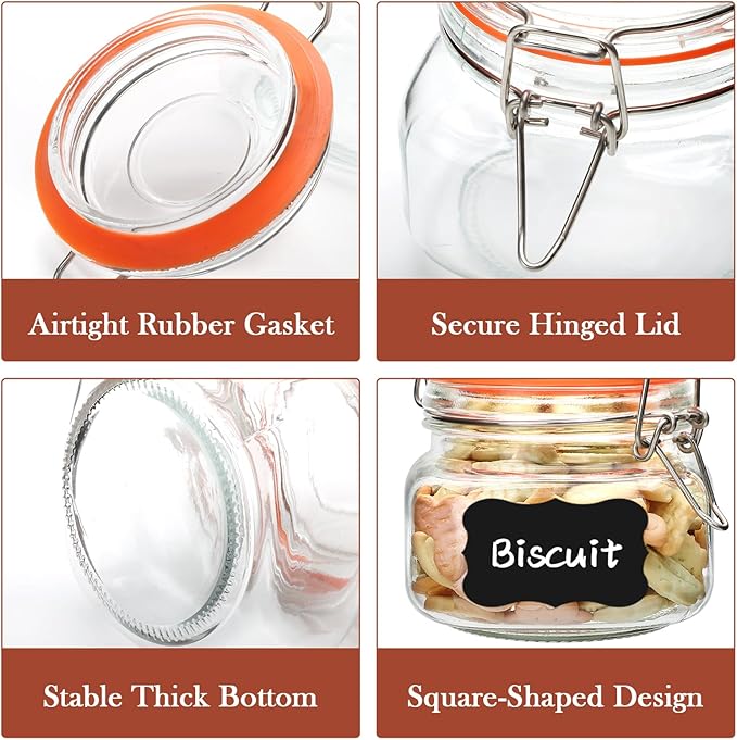 Encheng 16 oz Glass Jars With Airtight Lids And Leak Proof Rubber Gasket,Wide Mouth Mason Jars With Hinged Lids For Kitchen,Glass Storage Containers 6 Pack