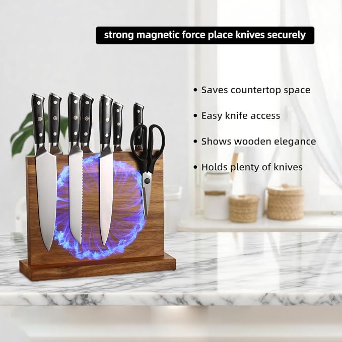 Magnetic Knife Block Stand, Kitchen Counter Organizer, Double-Sided Kitchen Knife Holder, Acacia Wood, Universal Storage Organizer, 11.7 x 8.6 x 4 inches