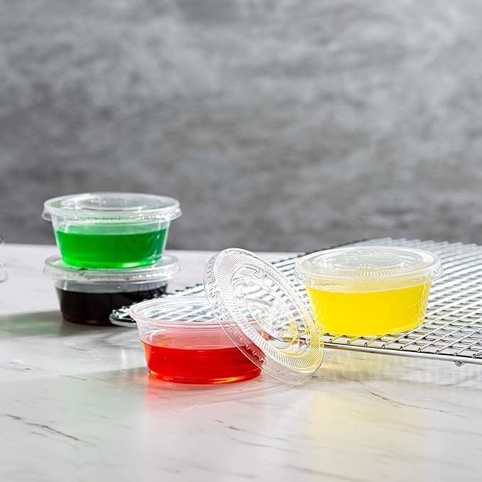 Portion Cups with Lids (3.25 Ounces, 200 Pack) | Disposable Plastic Cups for Meal Prep, Portion Control, Salad Dressing, & Medicine | Small Plastic Condiment Container