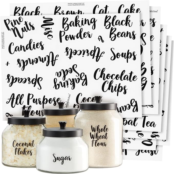 Talented Kitchen Labels for Food Containers - 135 Count, Preprinted Black Cursive on Clear Backing, Water-Resistant - Pantry & Kitchen Storage Labels for Jars & Bins - Easy Peel & Stick