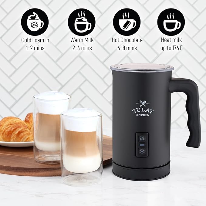 Zulay 4-in-1 Milk Frother & Steamer – Hot & Cold Foam Maker, Milk Warmer & Chocolate Stir – Automatic Temp Control, Nonstick Double-Wall Stainless Steel Jug, Auto Shut Off, 360° Base – Aero Black
