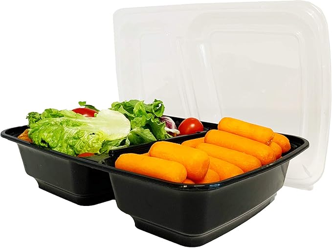 Reli. Meal Prep Containers, 30 oz. (50 Pack) - Black 2 Compartment Food Container with Lid, Microwavable Food Storage | Black Reusable Bento Box/Lunch Box for Meal Prep (30 oz)