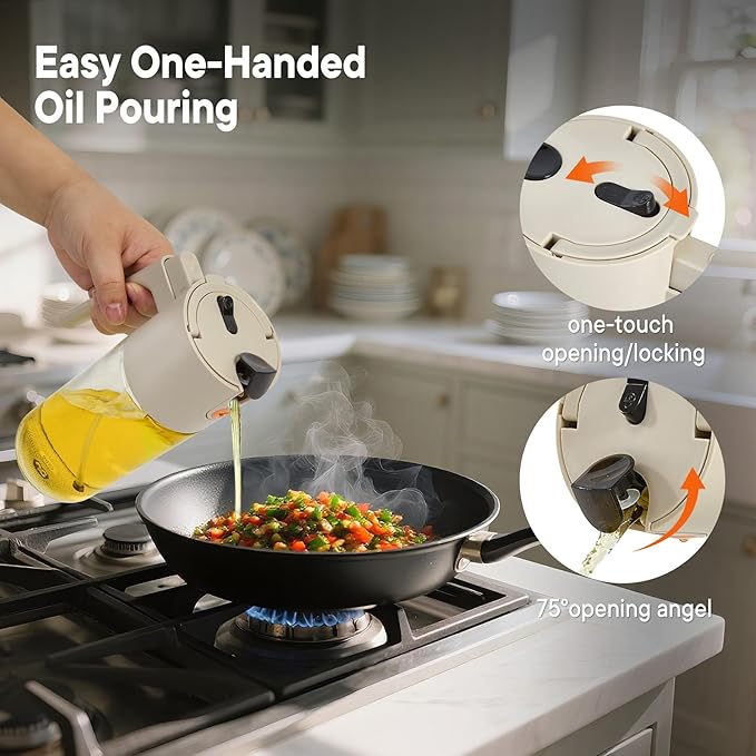 Oil Sprayer For Cooking with Leak-Proof Seal, One Touch Mist - 600ML Kitchen Oil Dispenser Bottle for Air Fryer, BBQ, Baking, Salad(White)