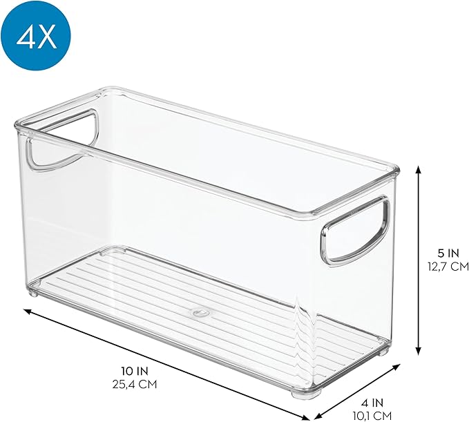 iDesign Slim Clear Plastic Stackable Storage Bin, Tall Narrow Organizer for Kitchen or Pantry, 4-Pack