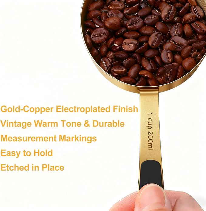 Measuring Cups and Spoons Set, Gold Electroplated Stainless Steel 10 Piece for Cooking and Baking (5 Cups + 5 Spoons Gold)