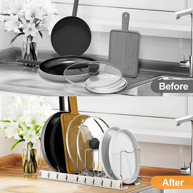 FLSEPAMB 2 Pack 10-Tier Pan Organizer Adjustable Lid Organizer Kitchen Organizers and Pan Organizer and Storage Pot Heavy Duty Pot Lid Organizer for Kitchen Under Sink Storage Drawer