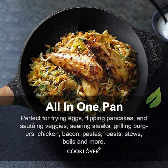 COOKLOVER Nonstick Woks And Stir Fry Pans Die-cast Aluminum Scratch Resistant 100% PFOA Free Induction Wok pan with Lid 12.6 Inch - Black