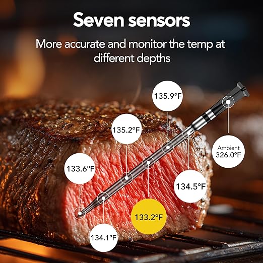 Sub-1g WiFi Wireless Meat Thermometer Unlimited Range with Digital Smart Base 7 NIST Certified Sensors with Ambient Temp Monitor for BBQ, Grill,Oven, Smoker(1, Black, Small)