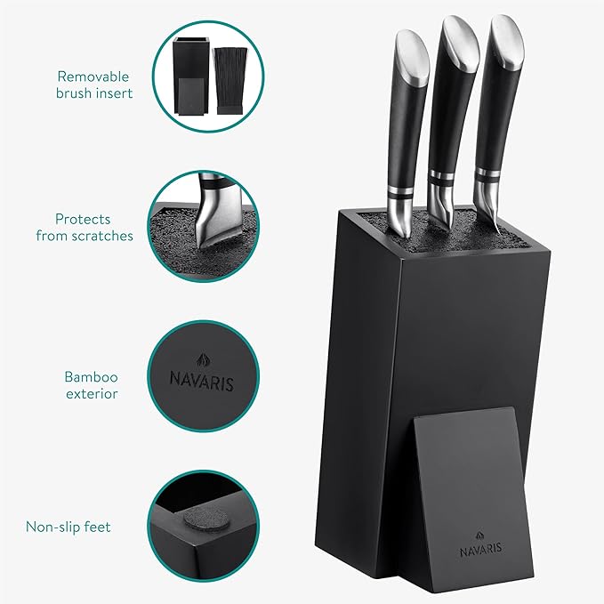 Navaris Knife Block, Black - Universal Knife Storage Solution - Bamboo Kitchen Knives Holder with Bristles - Tilted Storage for Easy Access - Removable Insert for Easy Cleaning
