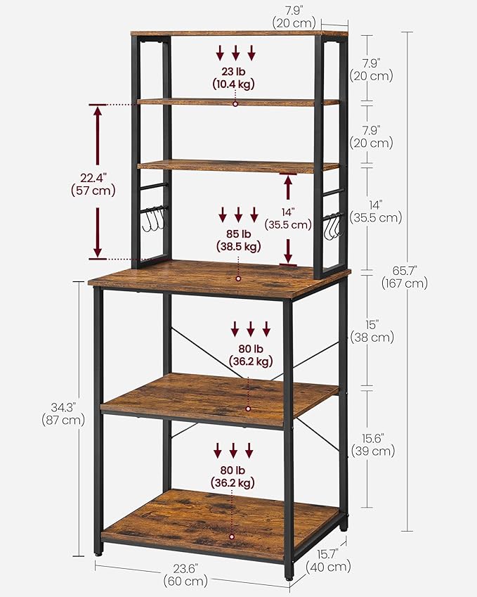 VASAGLE Coffee Bar, Baker’s Rack for Kitchen with Storage, 6-Tier Kitchen Shelves with 6 Hooks, Microwave Stand, Industrial, 15.7 x 23.6 x 65.7 Inches, Rustic Brown and Black UKKS024B01