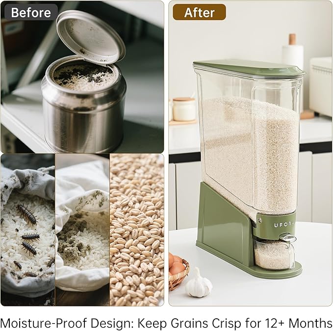 Rice Dispenser 22Lbs, Slim Rice Storage Container for Small Space, BPA-Free Clear Dry Food Dispenser Sealed Moisture Proof, Grain&Cereal Storage Bucket for Kitchen Pantry Household,Green