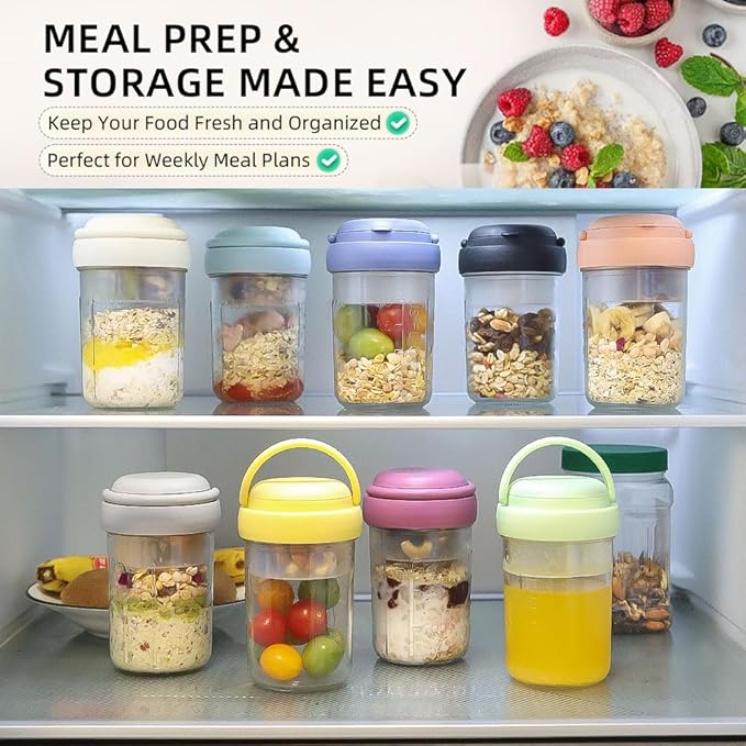 4 Pack Overnight Oats Containers with Lids and Handles, Folding Spoons & Divided Compartments for Fruit & Nuts, 16oz Glass Mason Jars for Oatmeal, Meal Prep & Breakfast (Cream/Blue/Gray/Pink)