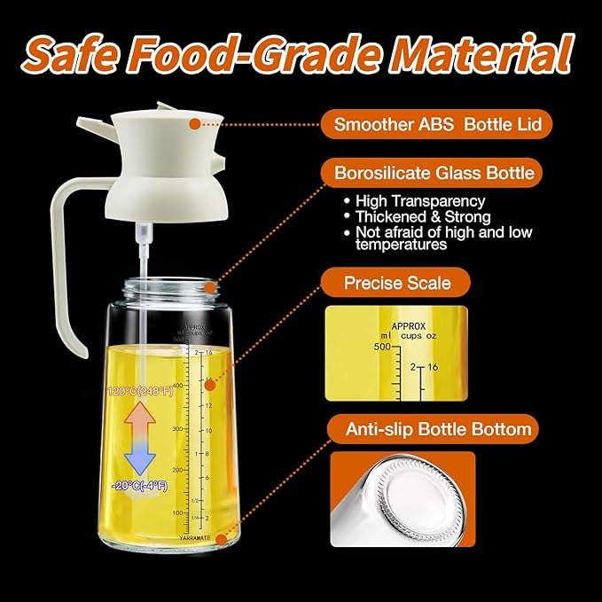 YARRAMATE Large Capacity 2 in 1 Oil Sprayer for Cooking with Measuring, 18oz/550ml Olive Oil Dispenser for Kitchen, Food-grade Oil Spritzer Bottle for Air Fryer, Salad BBQ (Creamy White)