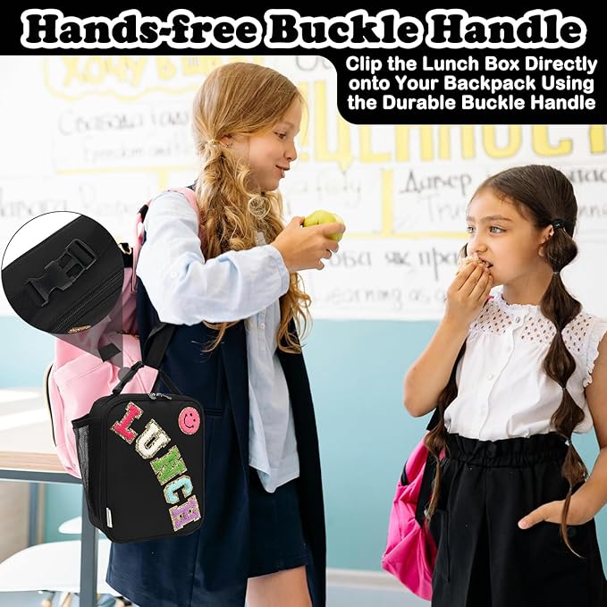 FlowFly Lunch box Insulated Soft Bag Mini Cooler Back to School Thermal Meal Tote Kit With Buckle and Mesh Side Pocket for Girls, Boys, BlackWithLetter