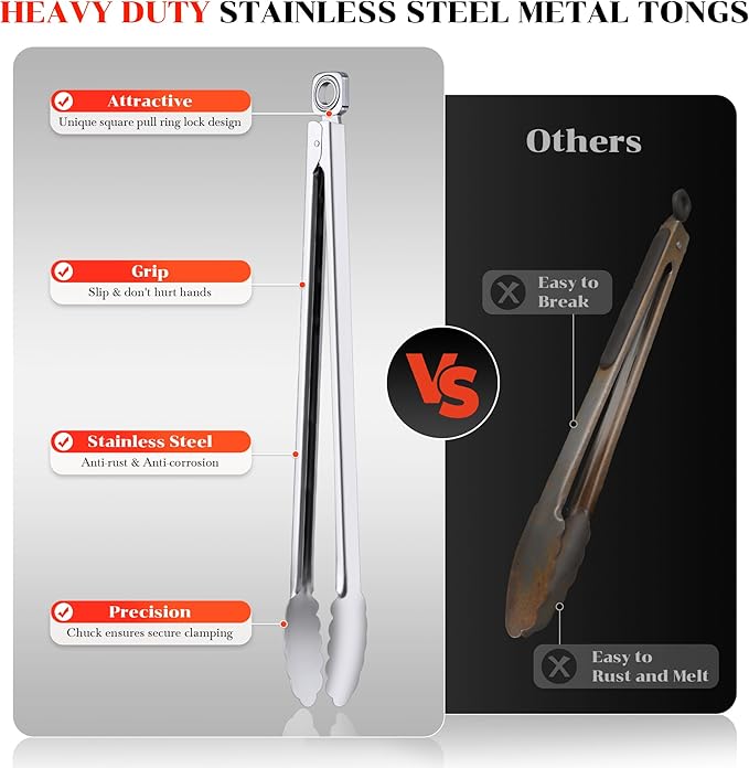 Grill Tongs - 17 Inch Extra Long BBQ Tongs, Heat Resistant Stainless Steel Kitchen Tong, Heavy Duty Metal Locking Tong for Cooking, Grilling, BBQ/Barbecue, Food (17 inch)